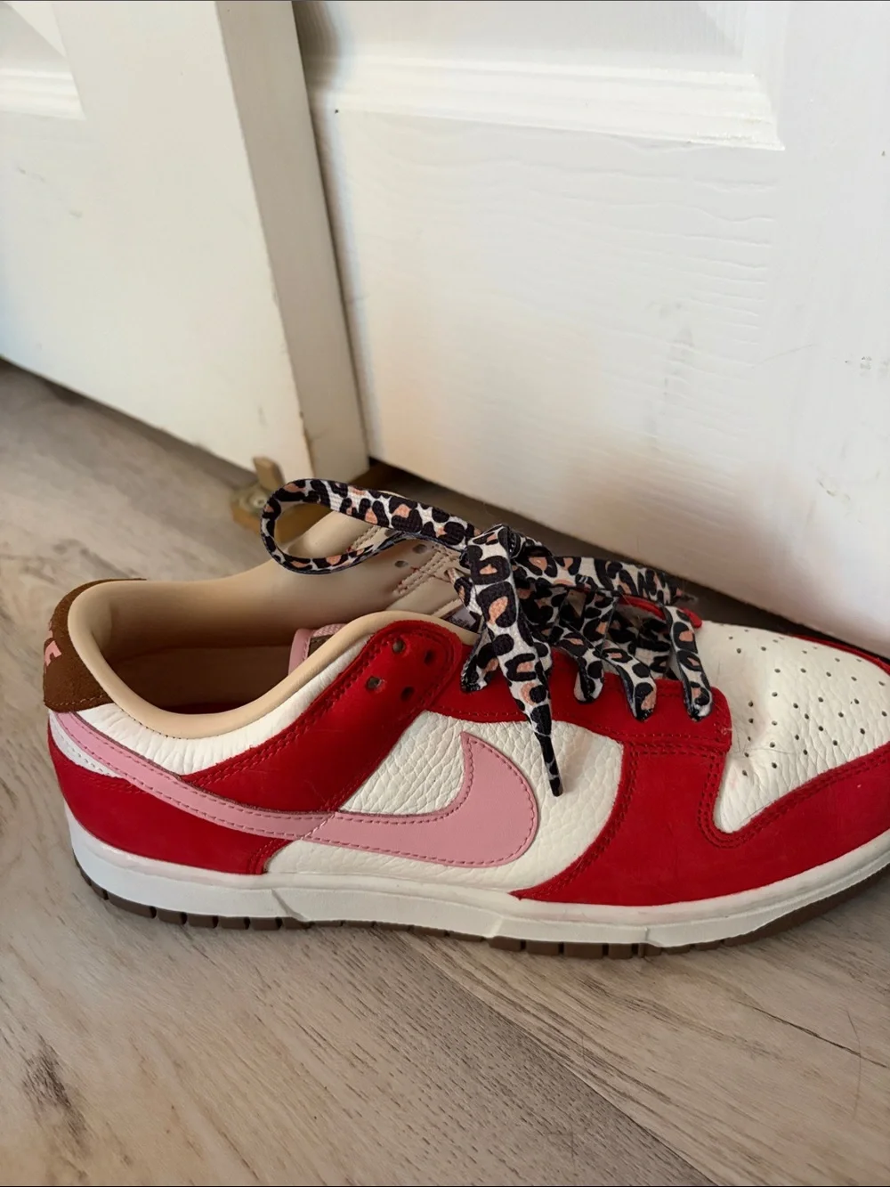 Nike Red, White and Pink Low-Top Sneakers with Leopard Laces